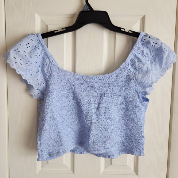 Womens Light Blue Smocked Crop Top Eyelet Flutter Sleeves Universal Thread XL - Picture 8 of 9